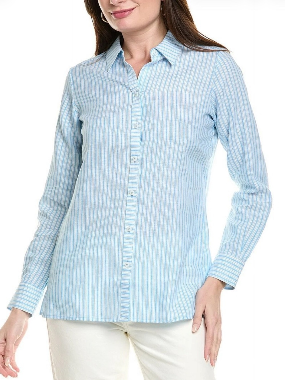 Foxcroft 100% linen striped button up shirt women's size 10 blue white casual